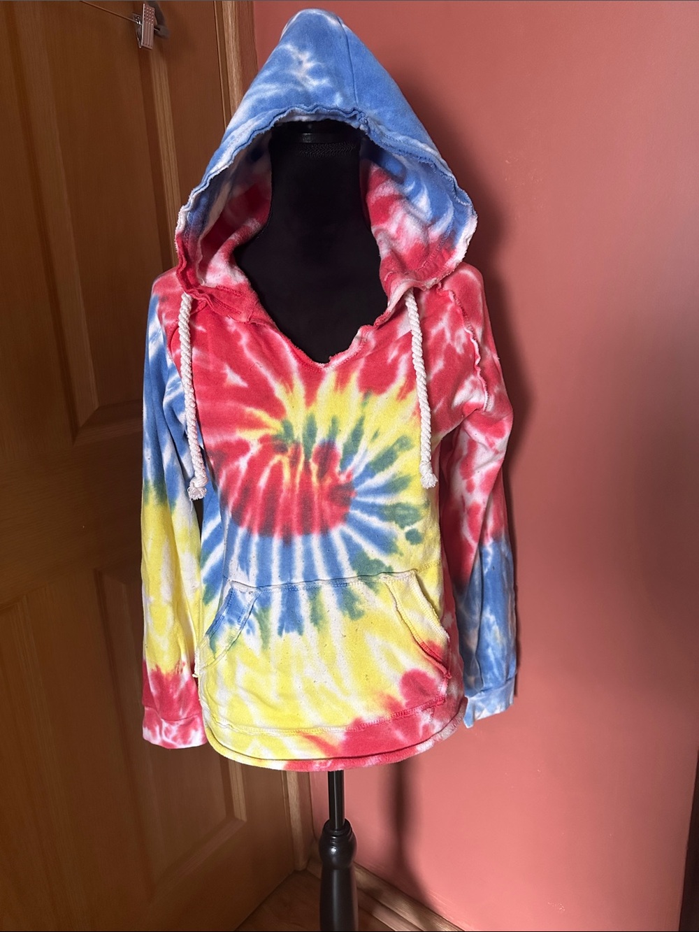 Exist  Tie-Dye Hooded Pullover Sweatshirt - Red, Blue, Yellow